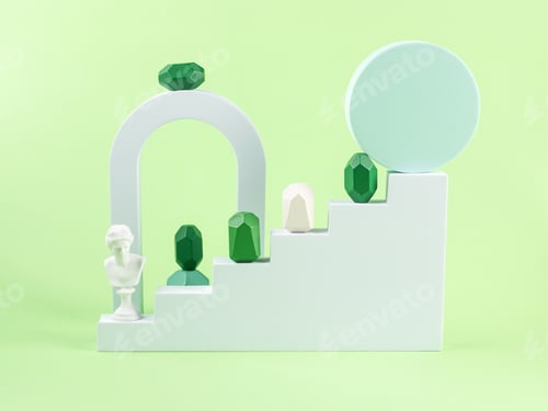 Preview: White stairs podium with geometric shape wooden elements and podiums on green background. Design