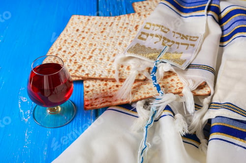 Preview: Red kosher wine a unleavened bread matzo during seder meal with Pesach celebration holiday