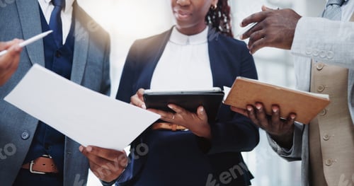 Preview: Notebook, hands and business people with documents, tablet and teamwork with connection, consultant