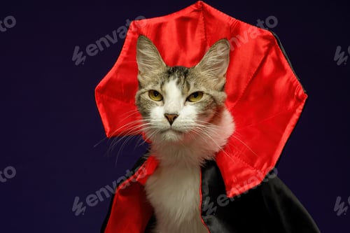 Preview: Cat in vampire costume for Halloween celebration. Purple background with copy space.