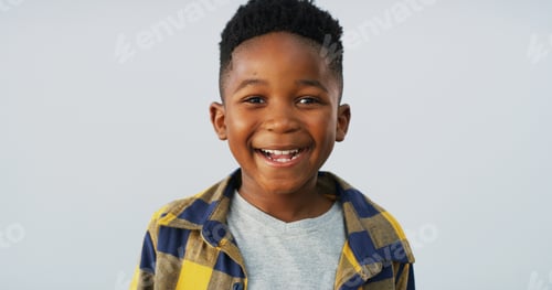 Preview: Portrait, black child and boy laughing in studio with funny adorable model isolated on white backgr