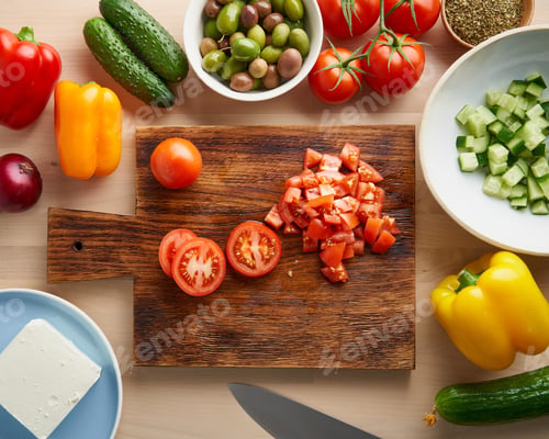 Preview: Step by step recipe for salad horiatiki, wooden board for cutting vegetables