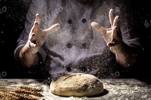 Preview: White flour flying into air as pastry chef in white suit slams ball dough