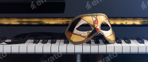 Preview: Carnival mask on piano keyboard, front view