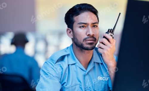Preview: Security dispatch man, computer and walkie talkie communication, speaking and monitor crisis, CCTV