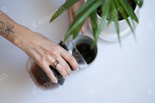 Preview: Woman's Hand Pouring Fresh Coffee at Home
