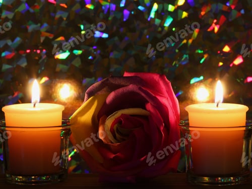 Preview: Candles And Rose With Holographic Background - Photograph Of Two Burning Candles And A Multicolored