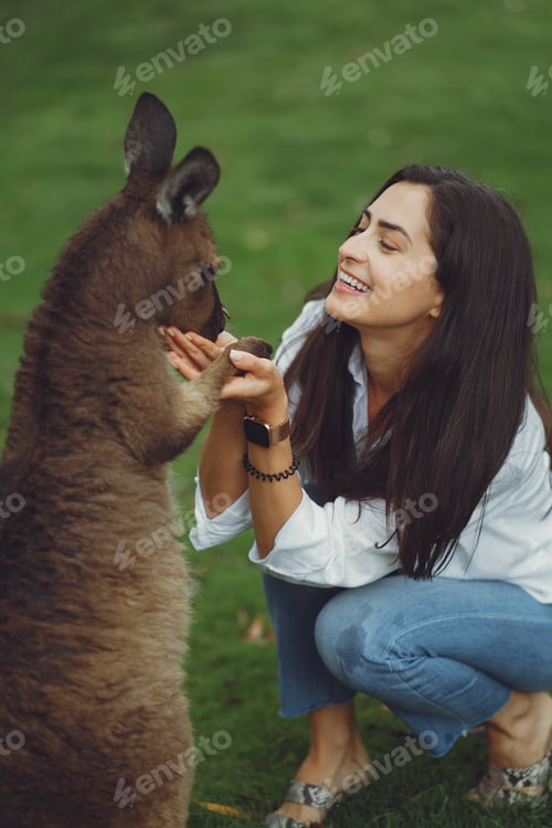 Preview: Woman in the reserve is playing with a kangaroo