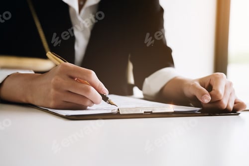 Preview: estate agent gives pen and documents agreement with customer to sign contract. Concept agreement