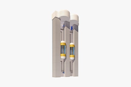 Preview: Figure modern building with cylindrical windows and ascending figure