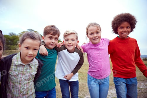 Preview: Portrait Of Children On Outdoor Activity Camping Trip Having Fun Playing Game Together
