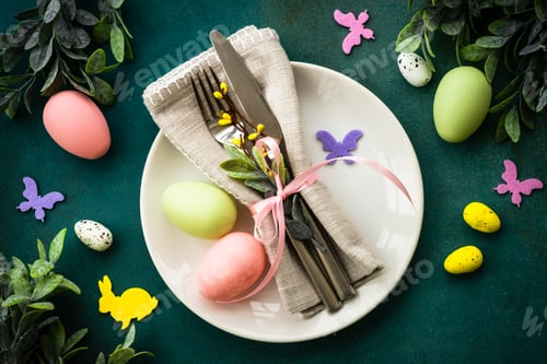 Preview: Easter table setting, Easter food background.