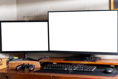 Preview: Dual Monitors and Gaming Setup on Wooden Desk