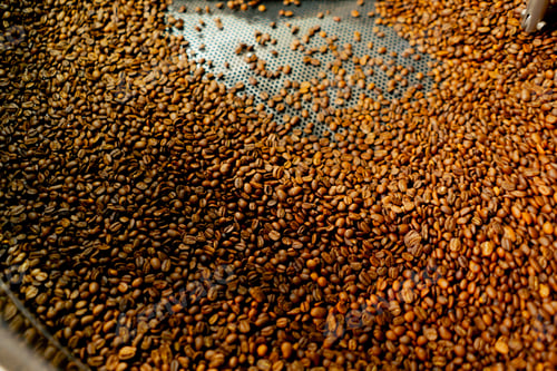 Preview: close-up of a coffee roasting factory inside drum roasting stirring coffee
