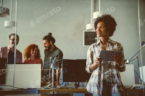 Preview: Success black woman with tablet, analytics and developer for startup business website IT software
