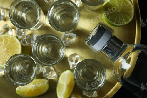 Preview: Tray with shots and bottle of vodka, lime and ice, top view