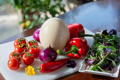 Preview: Ostrich egg, farm organic vegetables, tomatoes, paprika, onion, chili, salad greens. Ingredients