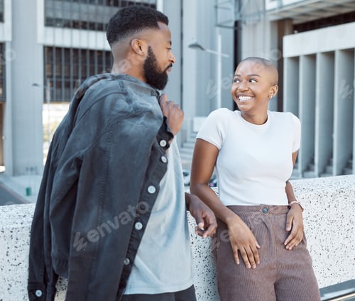 Preview: Talking, black people and couple of friends in a city with happiness and conversation outdoor. Urba