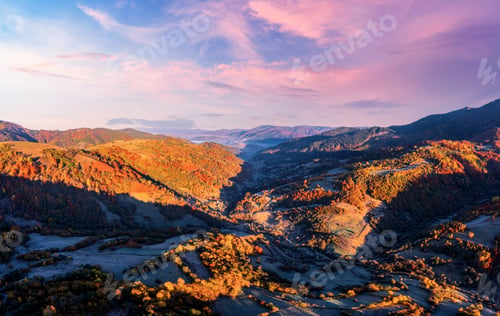 Preview: Mountain peaks with terracotta forests under bright sunlight