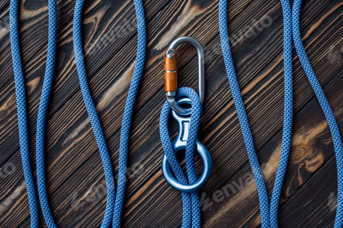 Preview: On the wooden table. Isolated photo of climbing equipment. Parts of carabiners