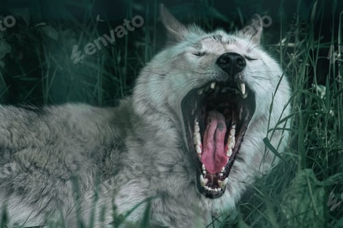 Preview: A beautiful white wolf opened mouse is sitting on a green grass