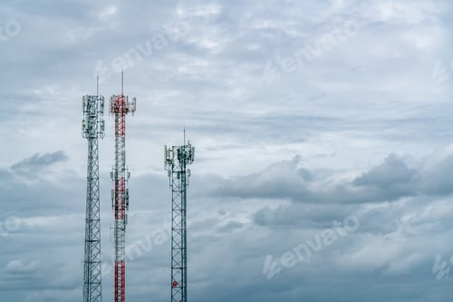 Preview: Telecommunication tower with white cloudy sky. Antenna. Radio and satellite pole. Communication