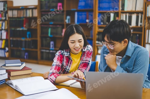 Preview: Students are consulting each other working on laptops and searching for books to study