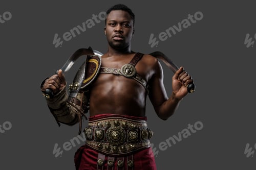 Preview: Black gladiator dressed in armor wielding dual swords