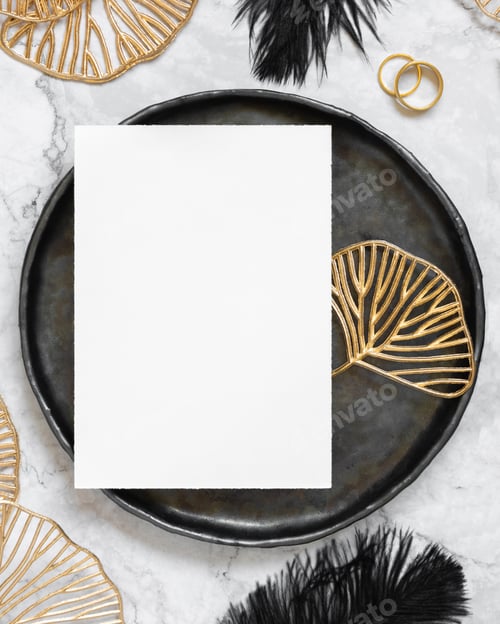 Preview: Black and golden wedding table setting with a blank card top view, mockup