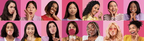 Preview: Collection of multiracial young women grimacing and gesturing on pink