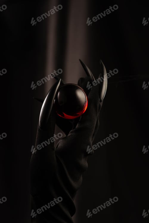 Preview: Witch Hands and magic red sphere on black background