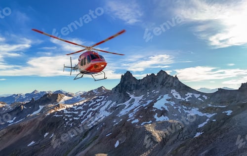 Preview: Red Helicopter Flying Over Snowy Mountain Peaks Under Bright Blue Sky, Stunning Aerial Adventure