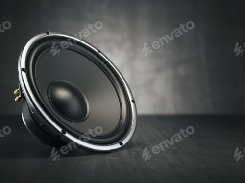 Preview: Loudspeaker. Multimedia acoustic sound speaker on black backgro