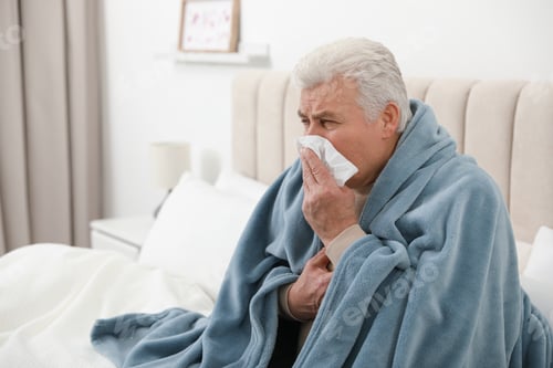 Preview: Mature suffering from cold at home. Dangerous virus