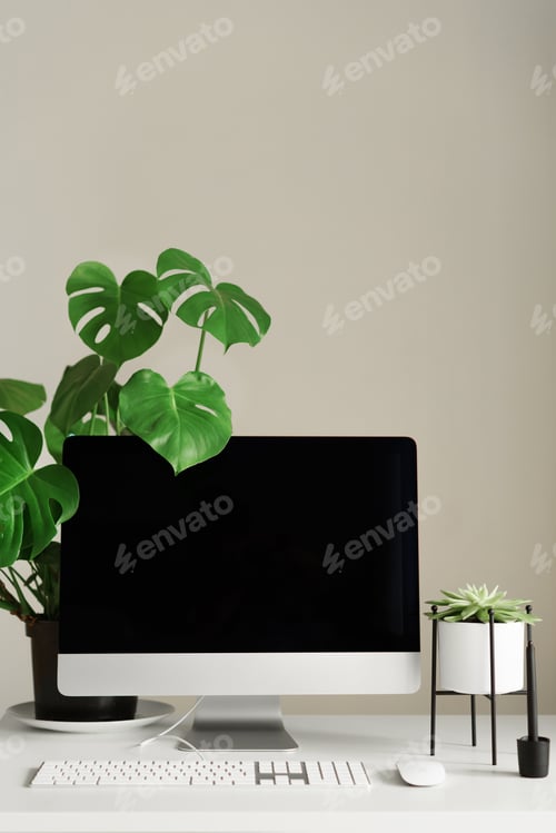 Preview: Designer workspace. Minimalistic home office. Blank screen desktop computer, Mockup desktop computer