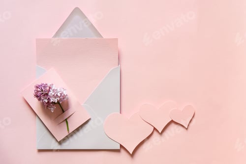 Preview: Envelope and card. Delicate branch of lilac and three hearts, free space for text on a pink