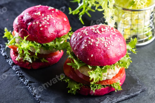 Preview: Colored purple beetroot buns and chicken burgers.