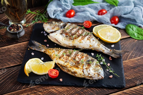 Preview: Grilled dorado fish on wooden background. Roasted seafish with spice and herbs