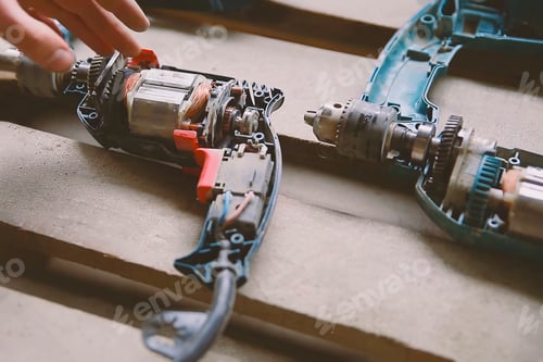 Preview: Disassembled tools electric drills. Instrument to work.