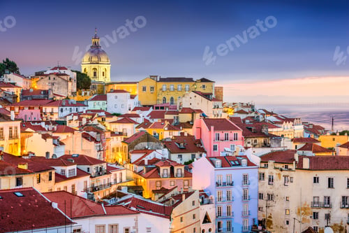 Preview: Lisbon, Portugal Twilight Cityscape At The Alfama District.