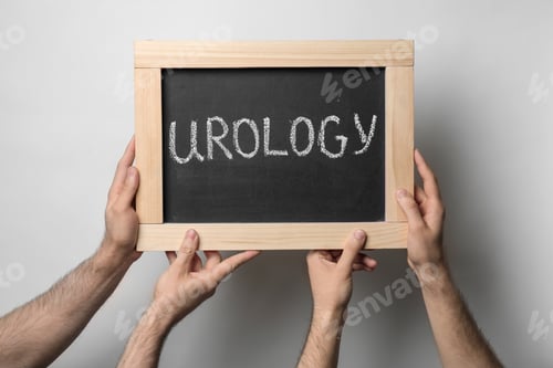 Preview: Men holding chalkboard with word UROLOGY on light background