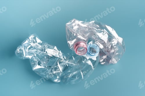 Preview: Two used crushed plastic bottles on blue background.