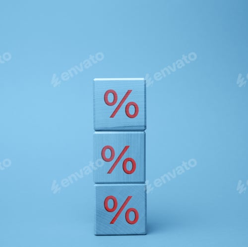 Preview: Wooden blocks with percent on a blue background. The concept of reducing or increasing prices