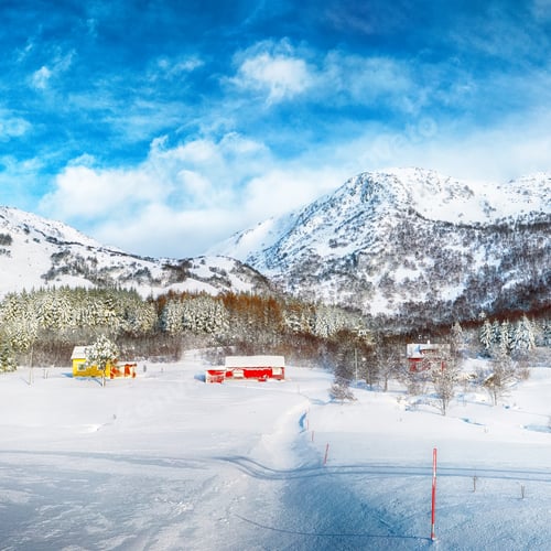 Preview: Gorgeous winter scenery with traditional Norwegian wooden houses and pine trees near Valberg