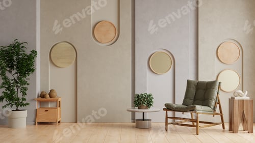 Preview: Living room with a green chair and a potted plant. The chair is placed in front of a white table