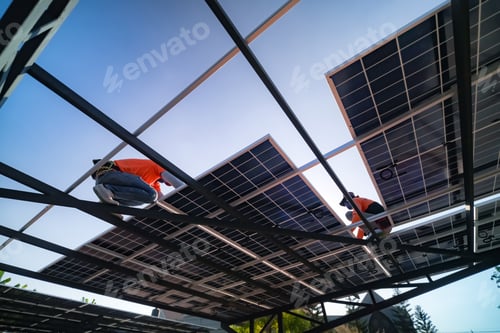 Preview: Renewable Energy Eco Technology Electric Power. Worker assemble system of solar panel.