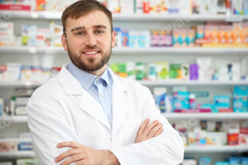 Preview: Portrait of professional pharmacist in modern drugstore