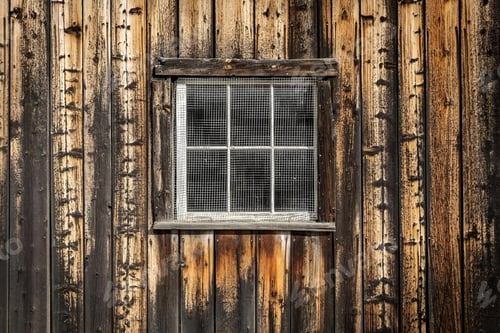 Preview: Close-up of a rustic wooden wall with an old window featuring a wire mesh screen.