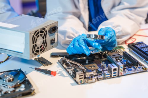 Preview: Close-up of a technician wearing gloves soldering electronic components at a desk in an office