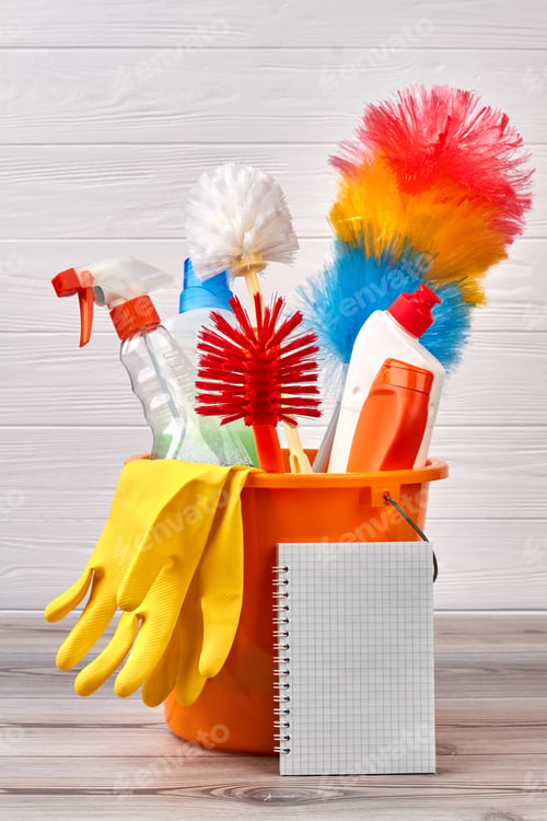 Preview: Different objects for cleaning in bucket.
